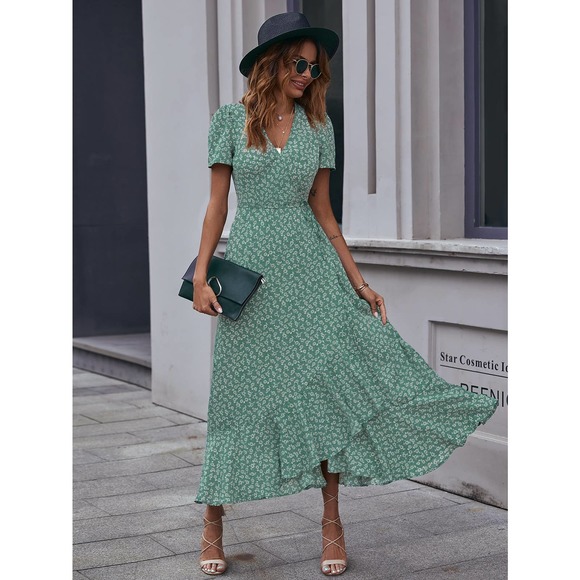 boho Floral Print Ruffle Hem Belted maxi Dress red - Picture 7 of 11